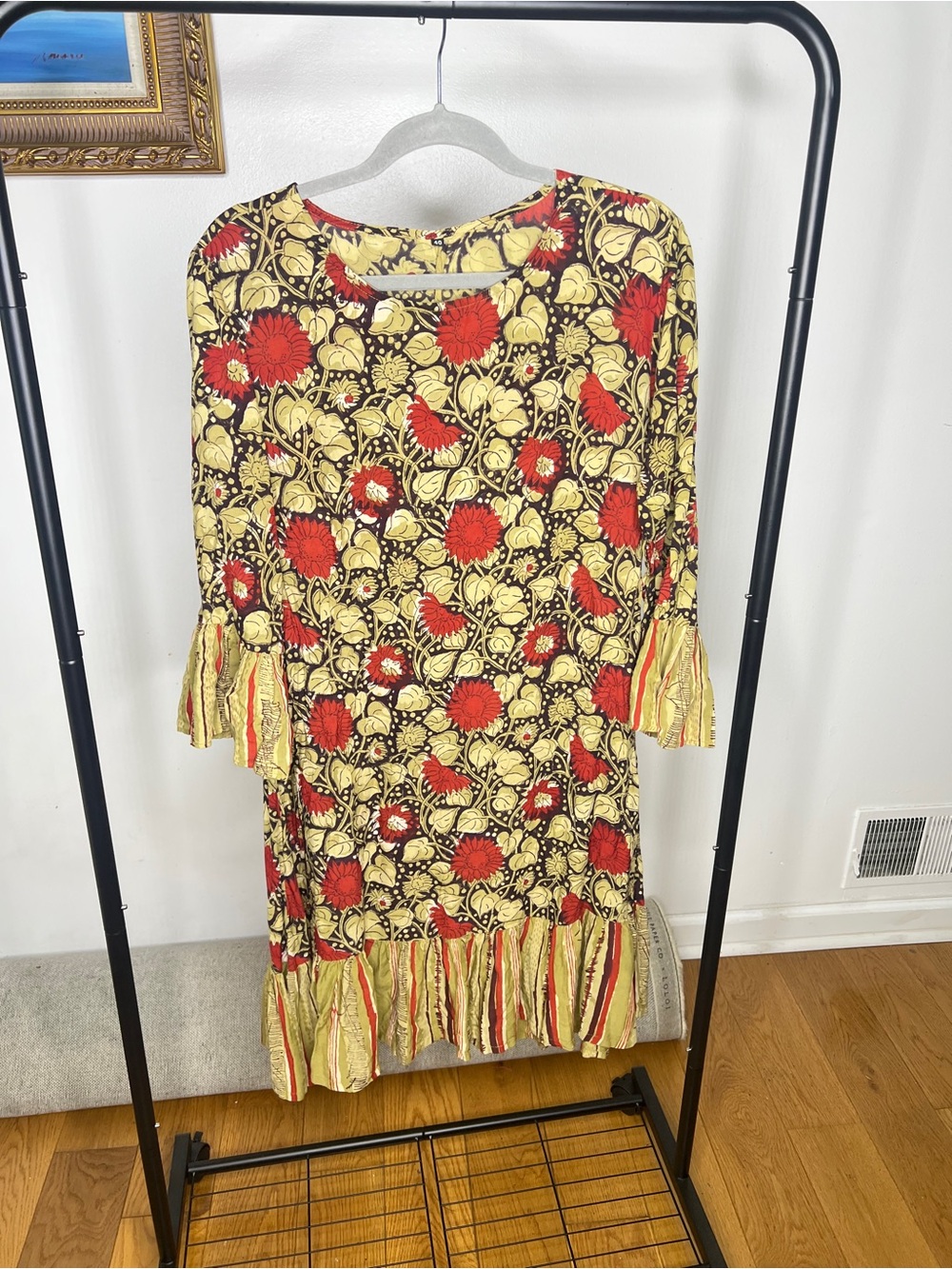 Vintage Floral Midi Dress in Yellow & Red